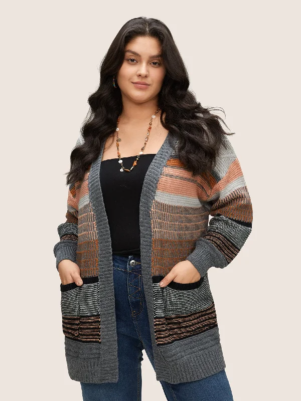 Textured Patchwork Contrast Pocket Open Front Cardigan