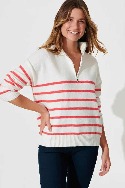 Uno Zip Knit In White With Pink Stripe Wool Blend