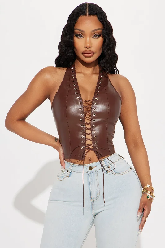 Up To No Good Lace Up Top - Brown