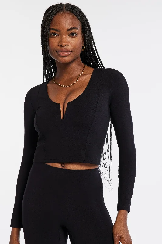 Veneto Deep V-Neck Long Sleeve Top - Black