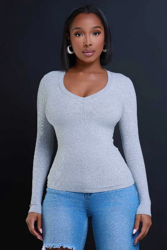 What It Is Cellulite Deleter Long Sleeve Ribbed Top - Heather Grey