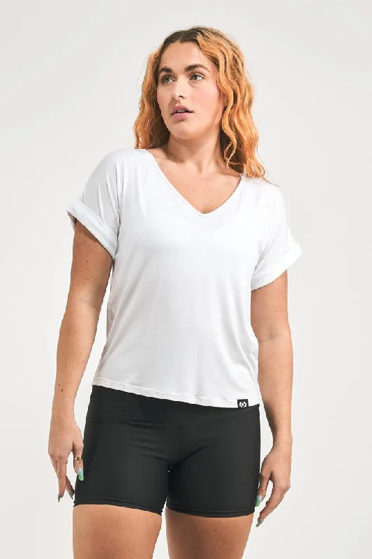 White Slinky To Touch - V Neck Cuffed Sleeve Tee