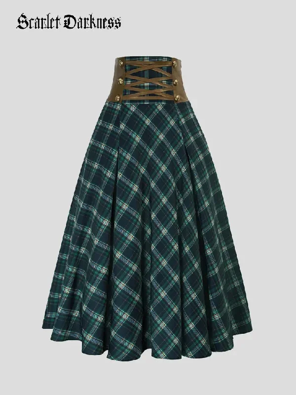 Plaided High Waist Buttons Decorated A-Line Skirt