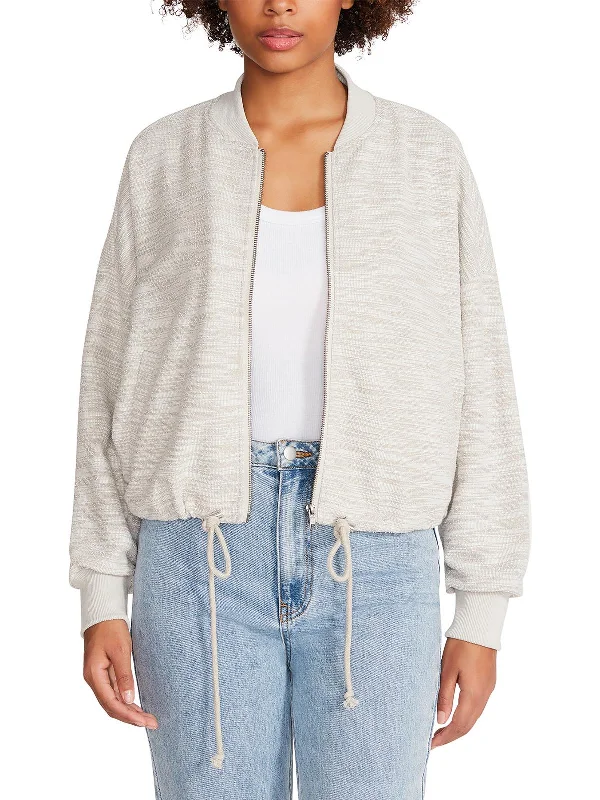 Yves Womens Textured Ribbed Trim Bomber Jacket